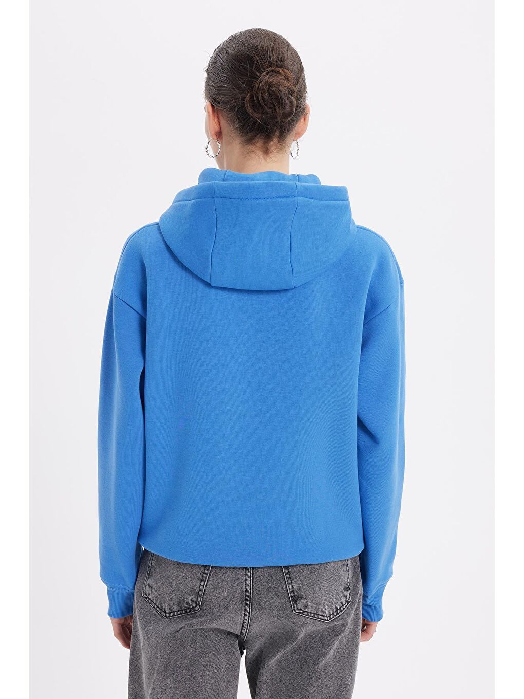 Kadın Oversize Geniş Kesim Pamuklu Yumuşak Dokulu İçi Polarlı Basic Mavi Kapüşonlu Sweatshirt-7