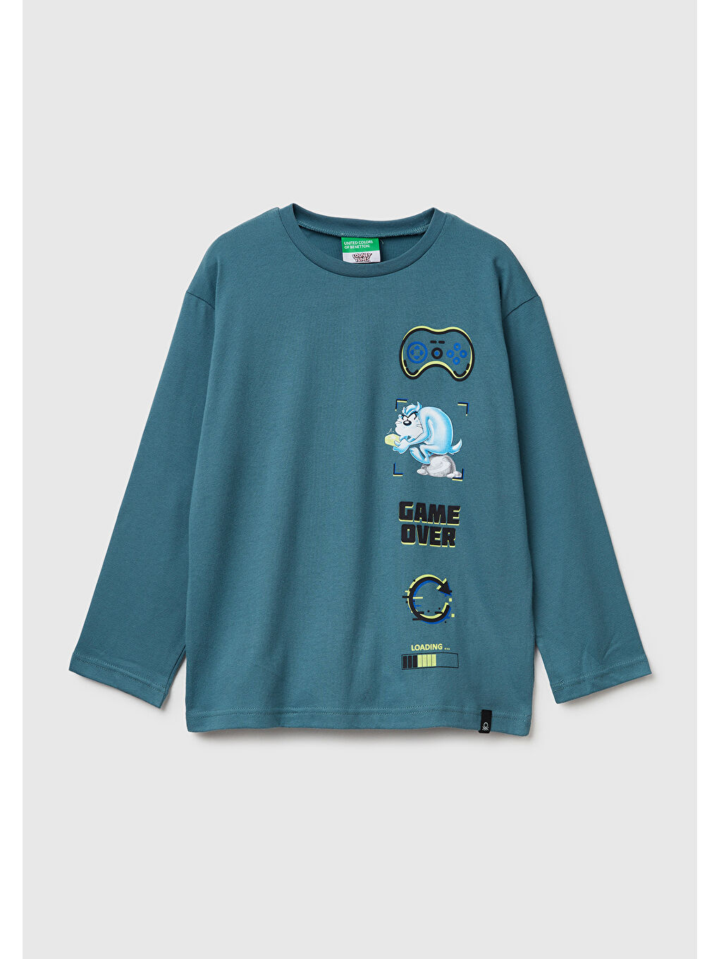 Erkek Çocuk Gri-Yeşil Tazmanya Baskılı Jarse Kabartmalı Uzun Kollu T-shirt