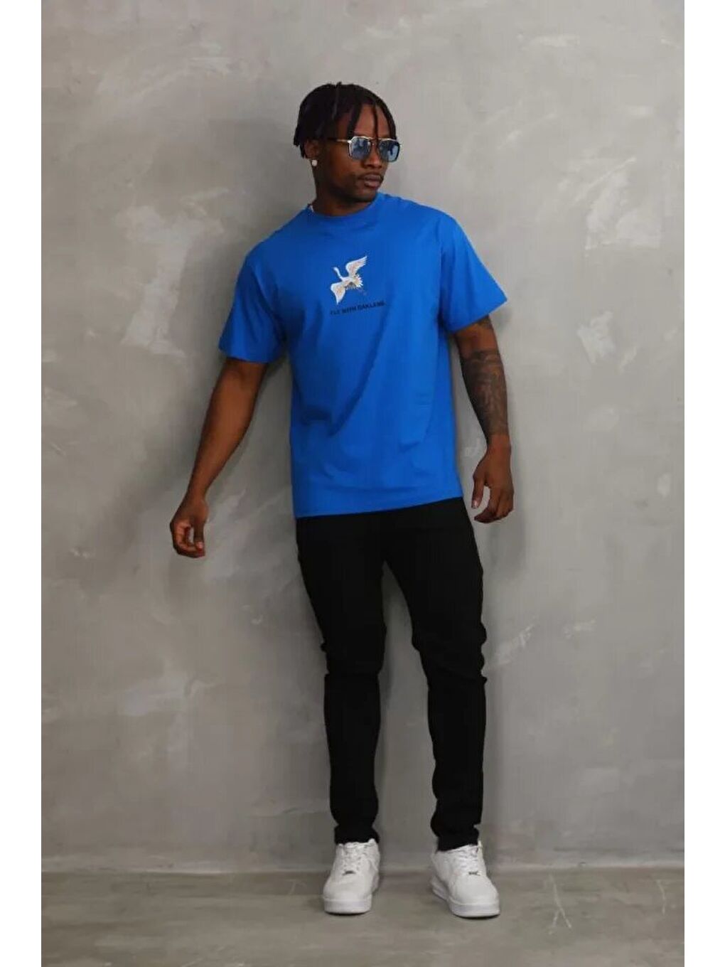 Unisex Baskılı Oversize T-Shirt - Mavi-3