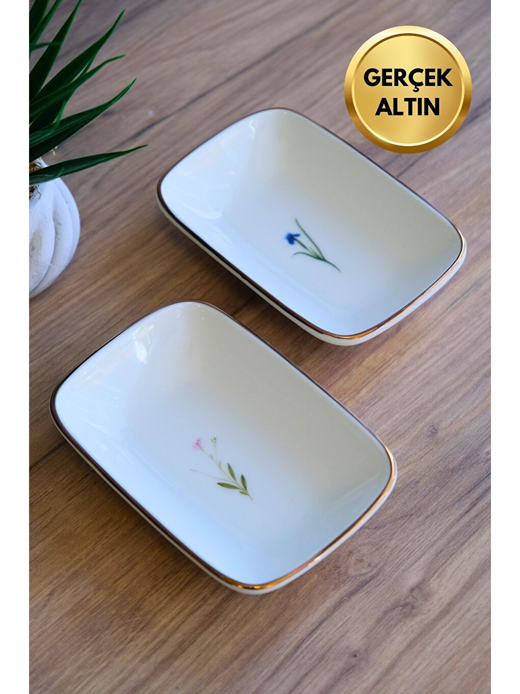 Karışık Porselen Natura Karma Altın Yaldızlı Dikdörtgen Kayık Tabak 14X9,8cm 2 Parça-1