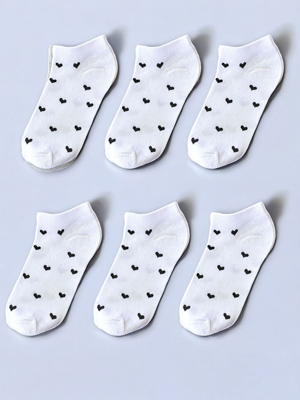 6'lı Kadın Beyaz Kalpli Desenli Pamuklu Rahat Patik Çorap