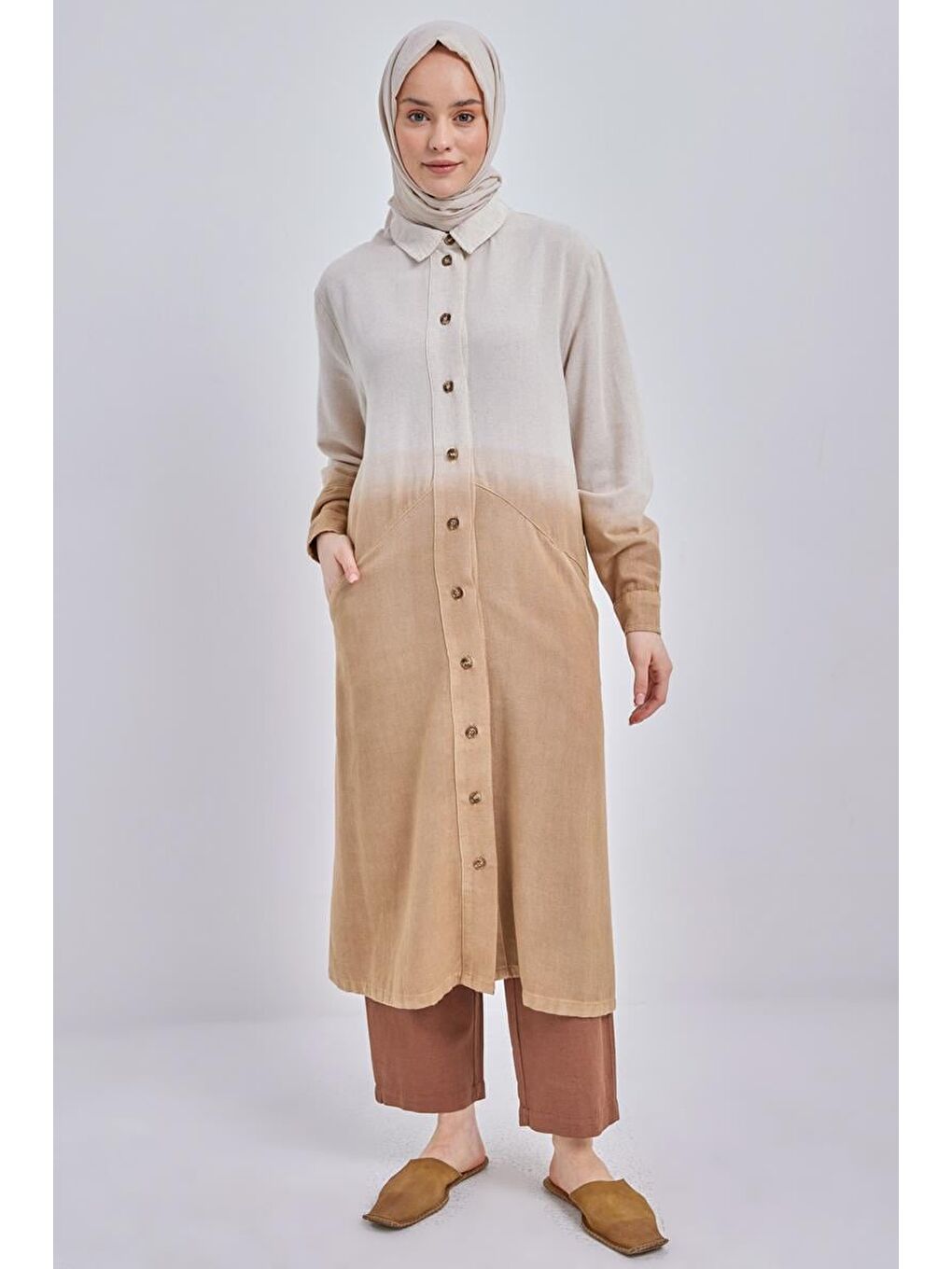 Bej Vizon-Degrade Keten Gömlek Tunik-1