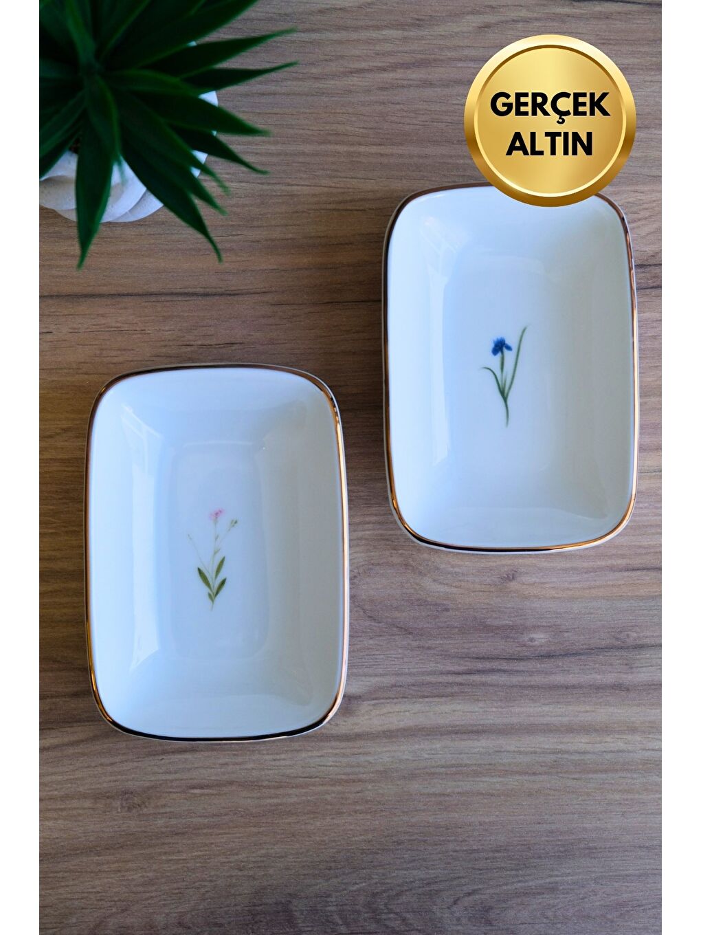 Karışık Porselen Natura Karma Altın Yaldızlı Dikdörtgen Kayık Tabak 14X9,8cm 2 Parça-2