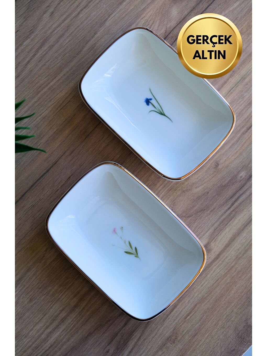 Karışık Porselen Natura Karma Altın Yaldızlı Dikdörtgen Kayık Tabak 14X9,8cm 2 Parça-3