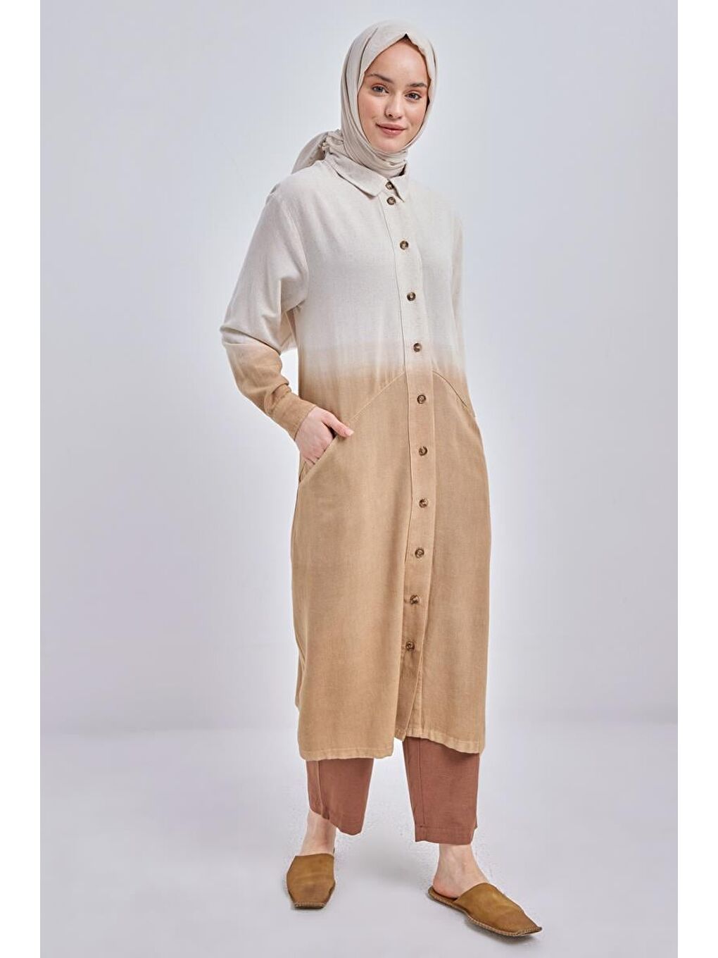Bej Vizon-Degrade Keten Gömlek Tunik-3