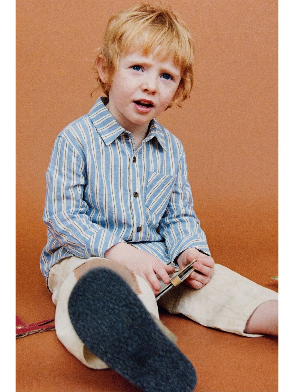 Erkek Çocuk Pamuklu Mavi Çizgili Gömlek - Uzun Kollu, Cepli, Düğmeli Model-1