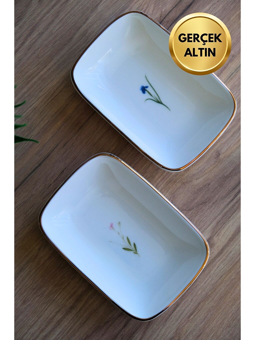 Karışık Porselen Natura Karma Altın Yaldızlı Dikdörtgen Kayık Tabak 14X9,8cm 2 Parça-4