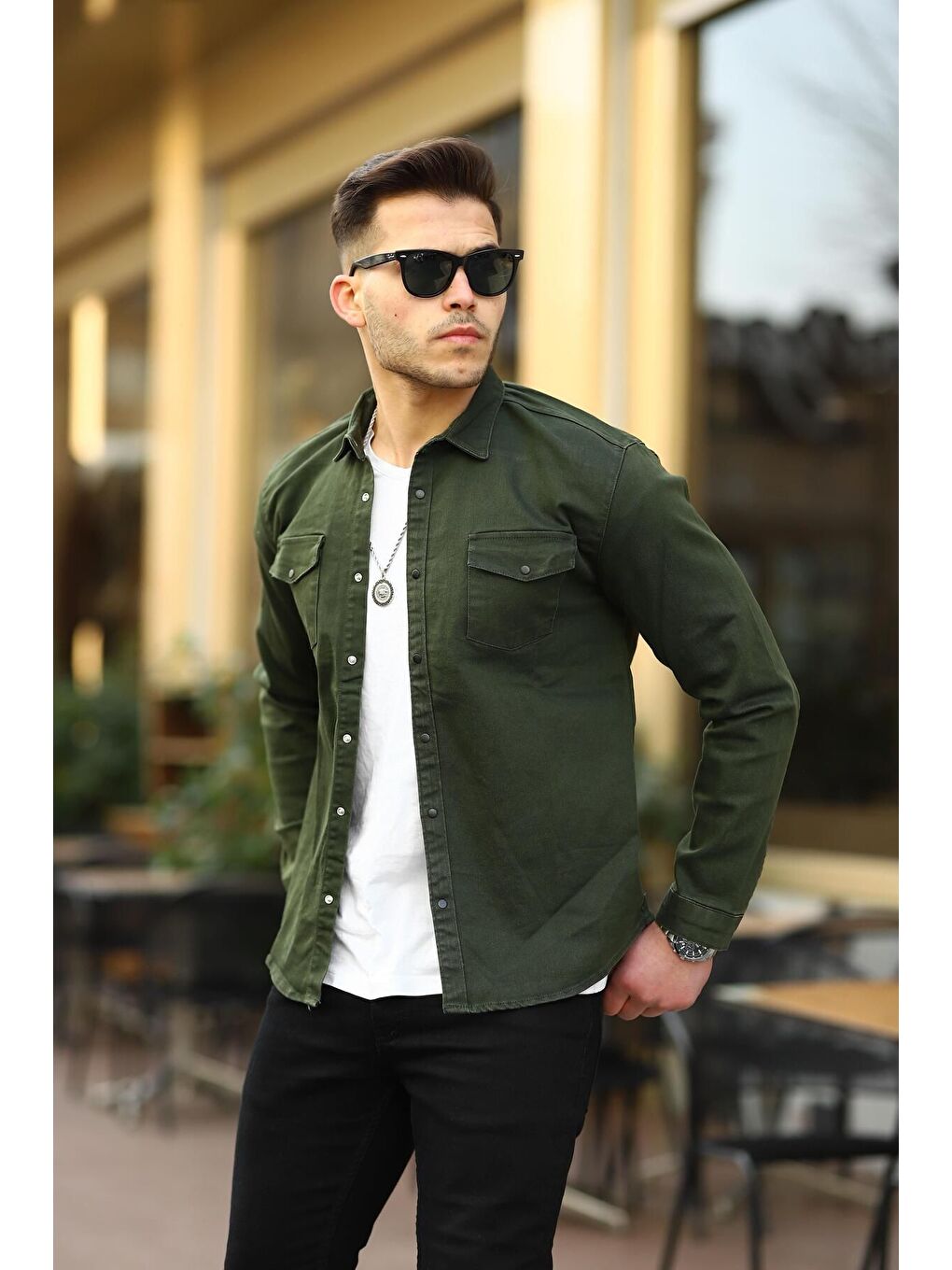 Haki Erkek Slım ( Rahat Kalıp ) Jean Gömlek-1