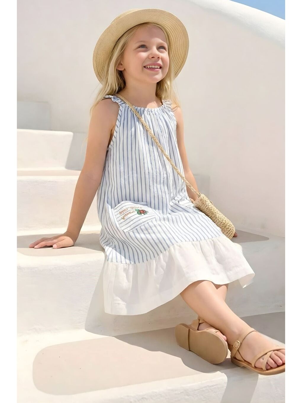 Kız Çocuk Cep Detaylı Desenli Elbise - Mavi-1