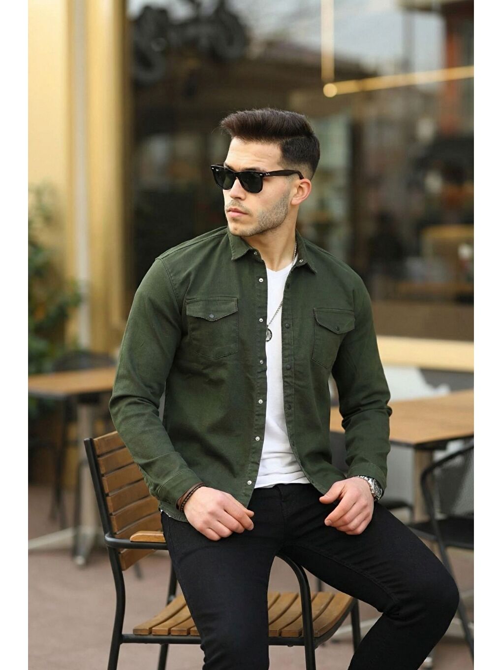 Haki Erkek Slım ( Rahat Kalıp ) Jean Gömlek-2