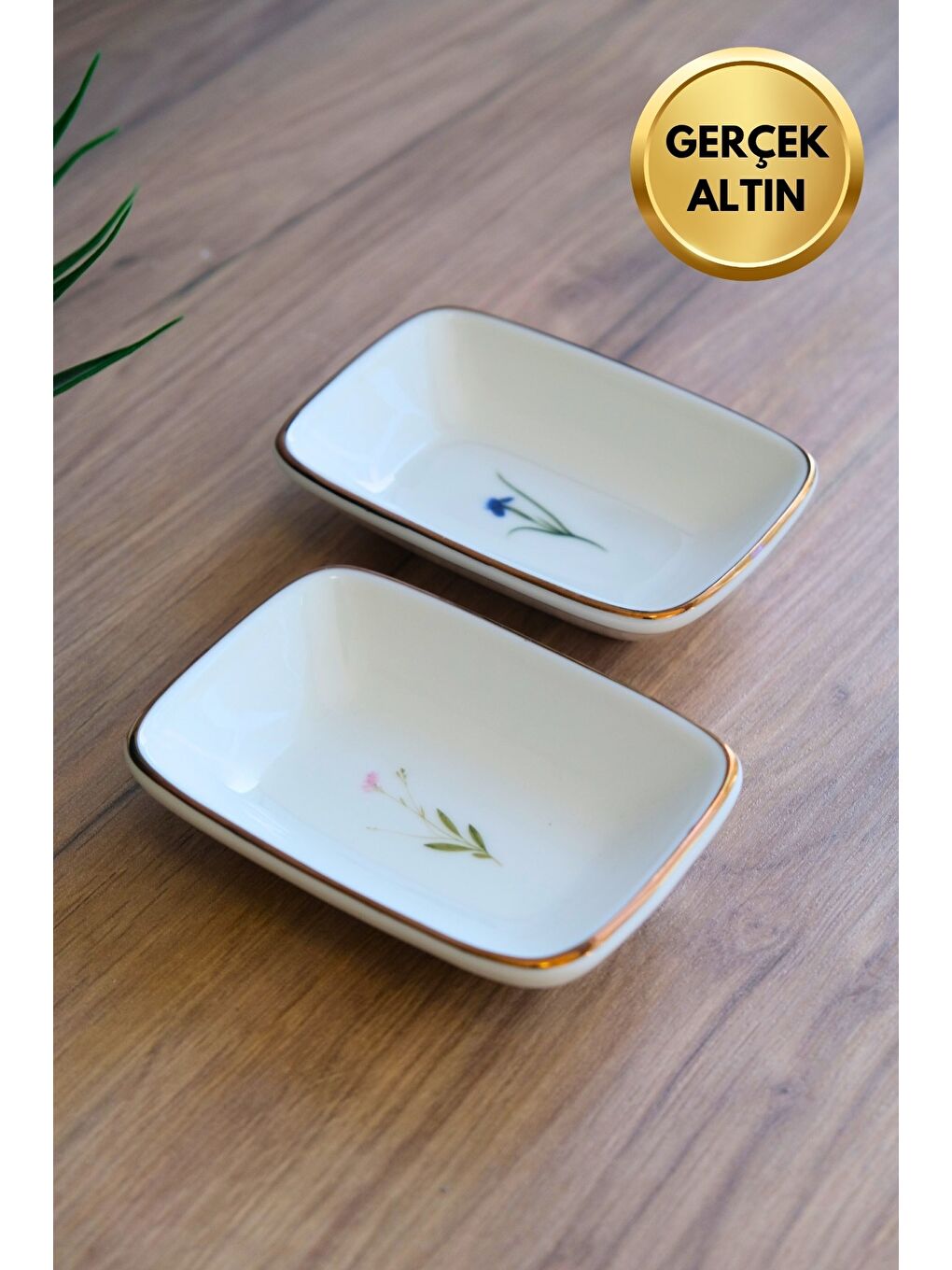 Karışık Porselen Natura Karma Altın Yaldızlı Dikdörtgen Kayık Tabak 12x8,50cm 2 Parça-2