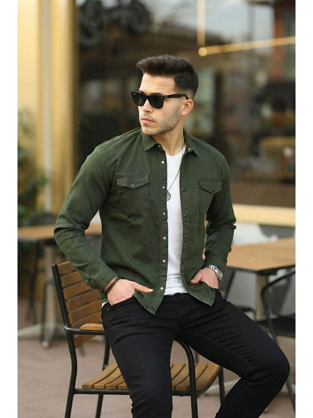 Haki Erkek Slım ( Rahat Kalıp ) Jean Gömlek-3