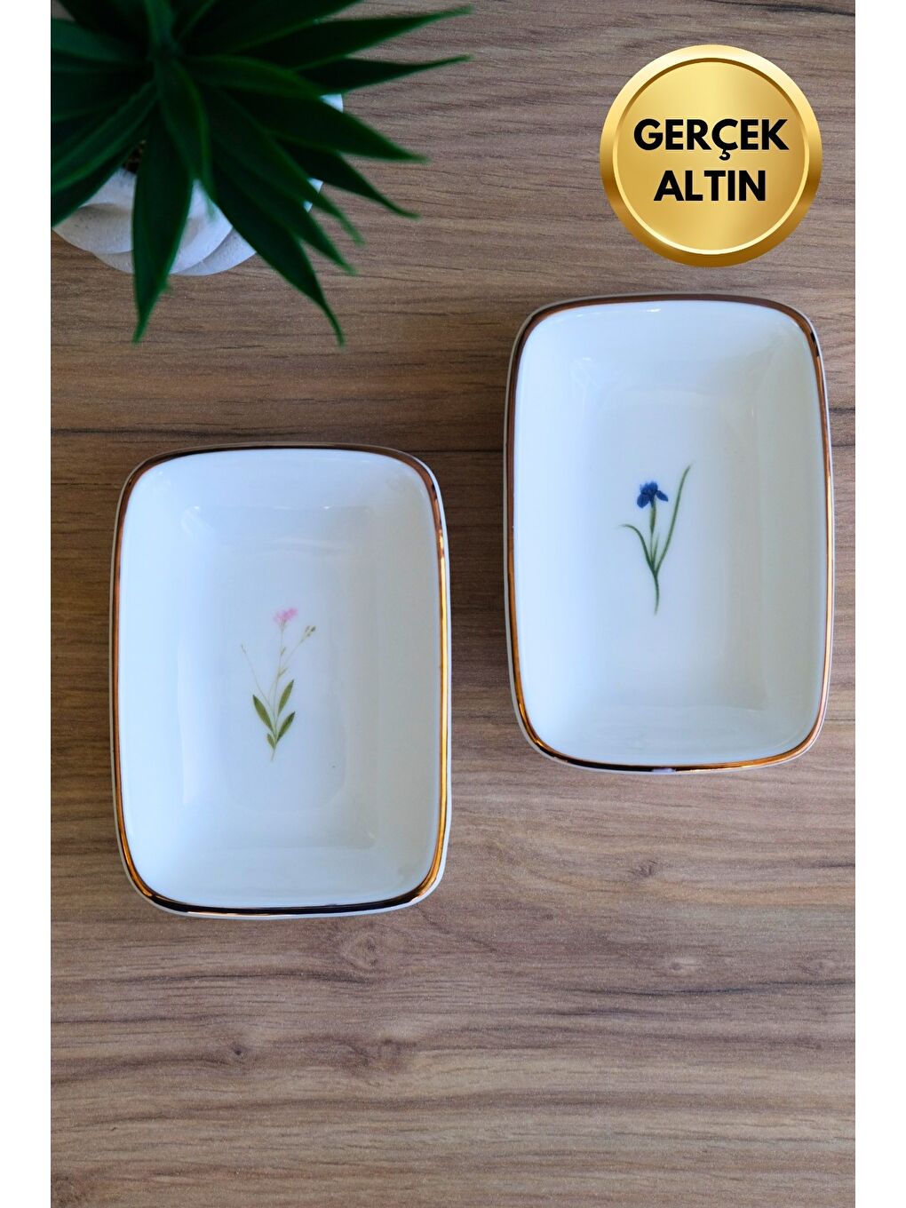 Karışık Porselen Natura Karma Altın Yaldızlı Dikdörtgen Kayık Tabak 12x8,50cm 2 Parça-3