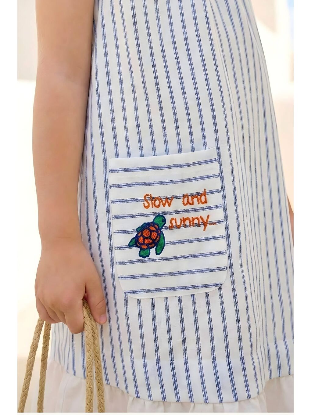 Kız Çocuk Cep Detaylı Desenli Elbise - Mavi-2