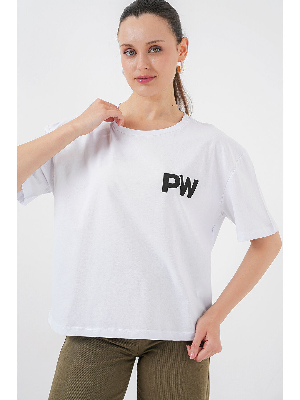 Kadın Baskılı Basic Tişört 4343 - Beyaz-2