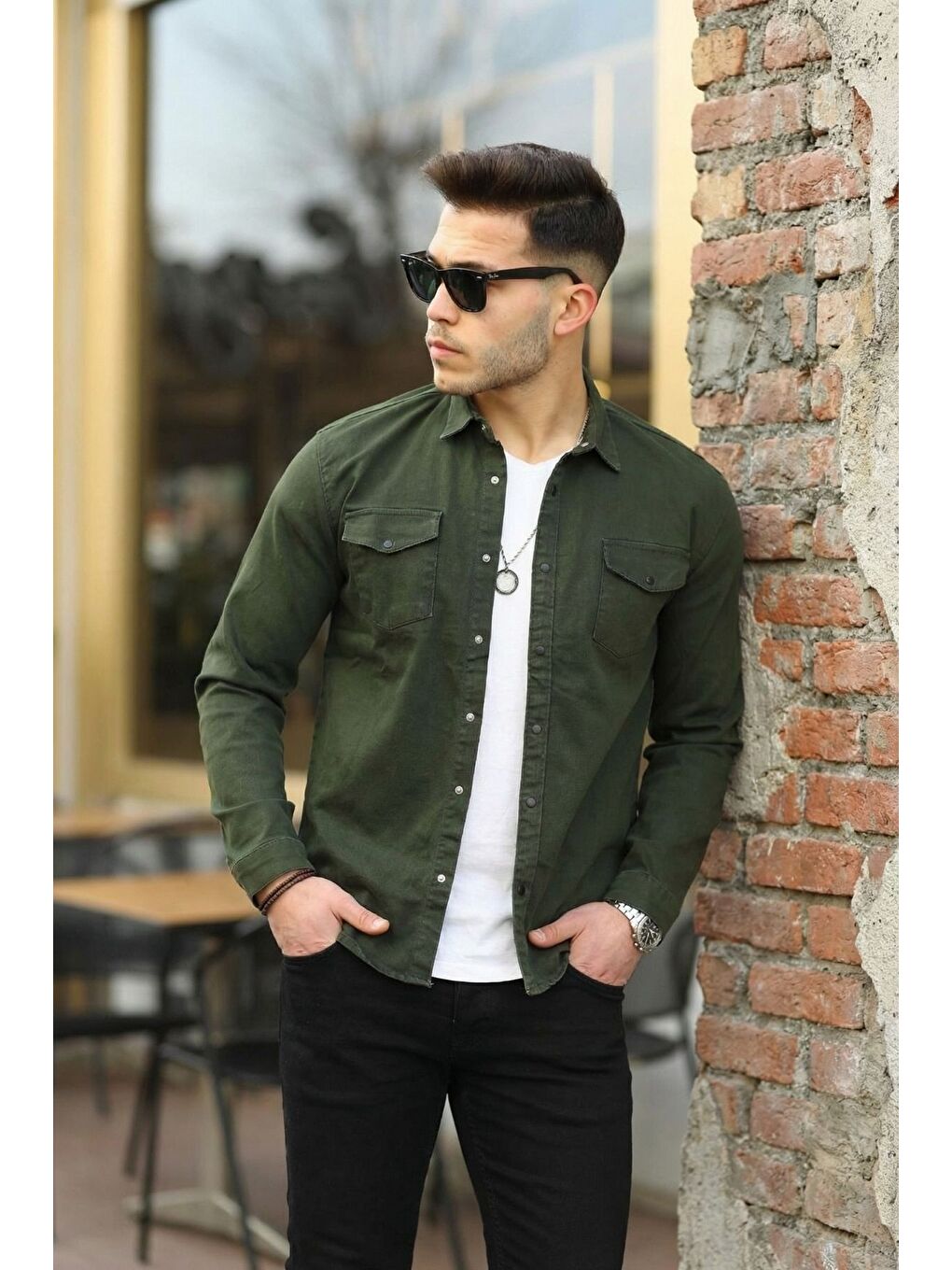 Haki Erkek Slım ( Rahat Kalıp ) Jean Gömlek-4