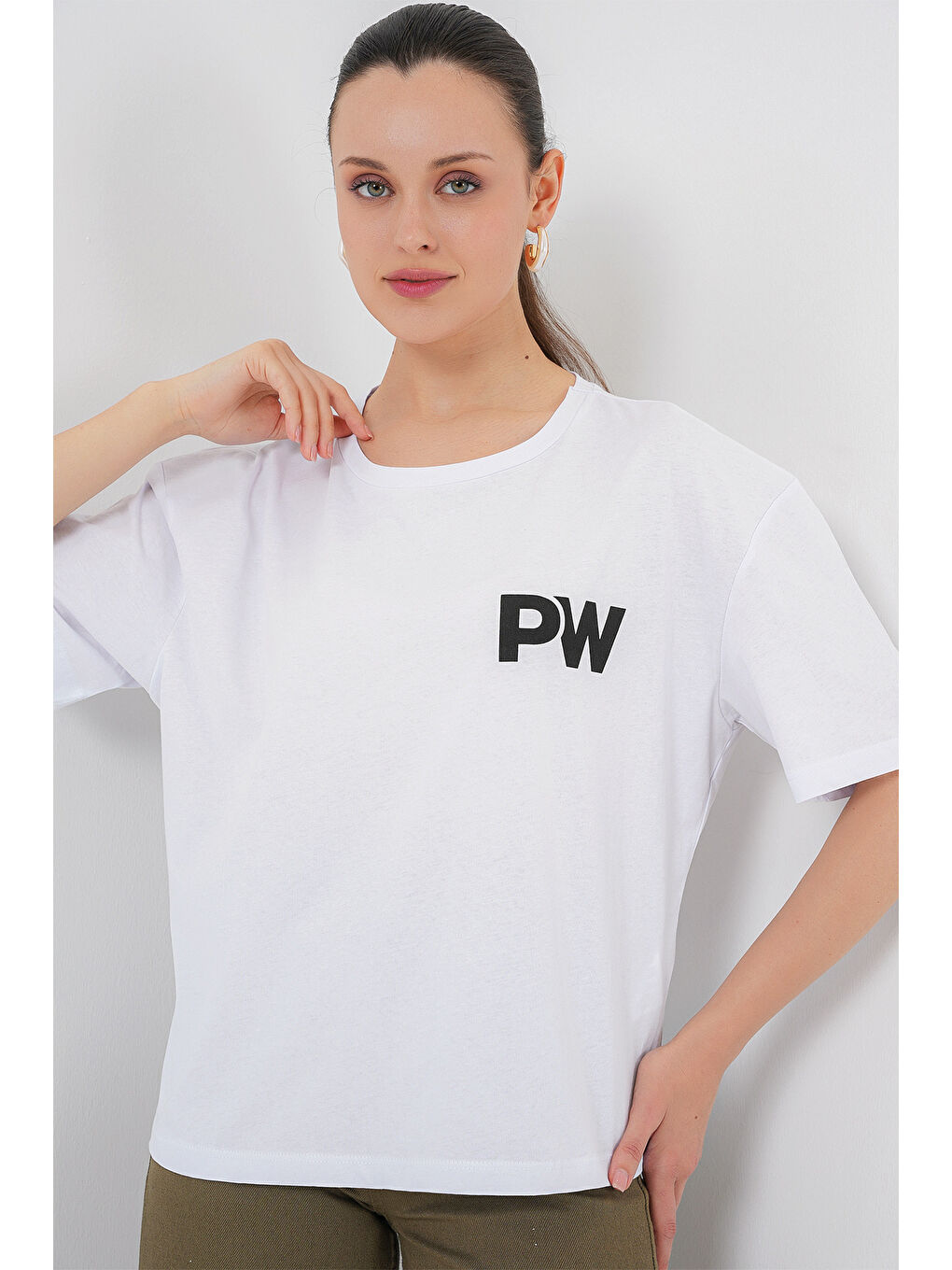 Kadın Baskılı Basic Tişört 4343 - Beyaz-3