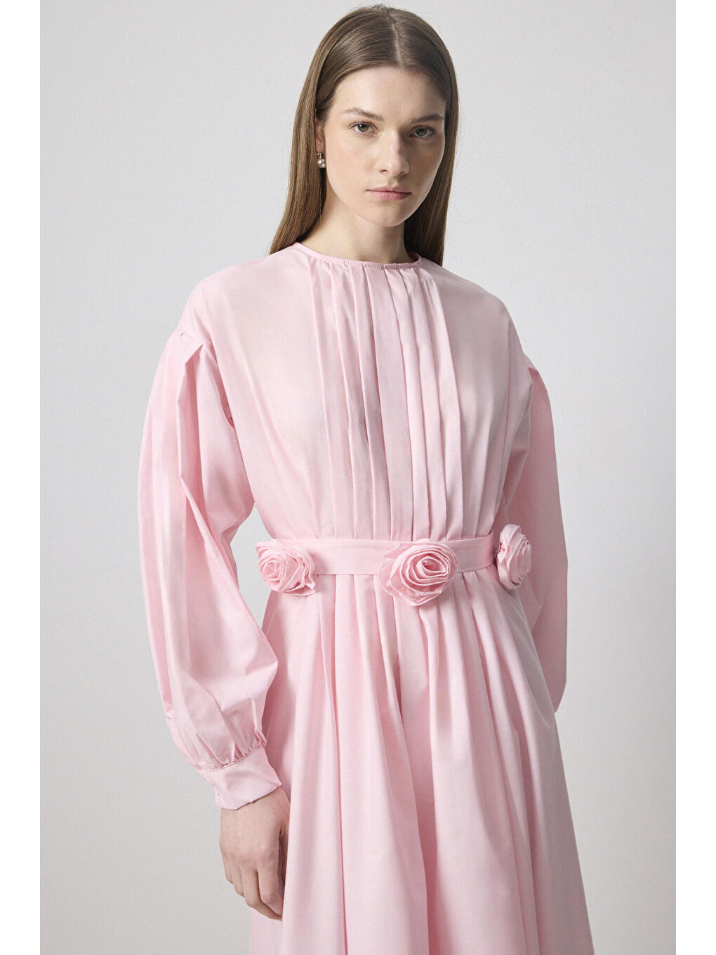 Touché Pembe Çiçek Detaylı Pileli Poplin Elbise - 3