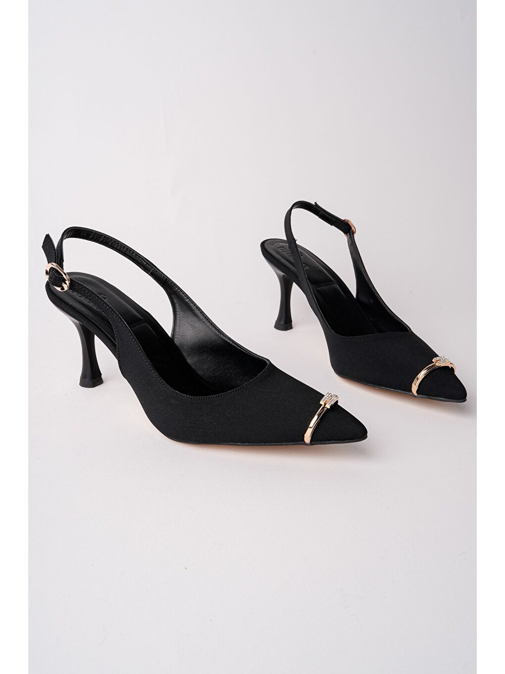 Siyah OURELİA Gold Yüzük Detaylı Sivri Burun Arkası Açık Kadın Topuklu Ayakkabı