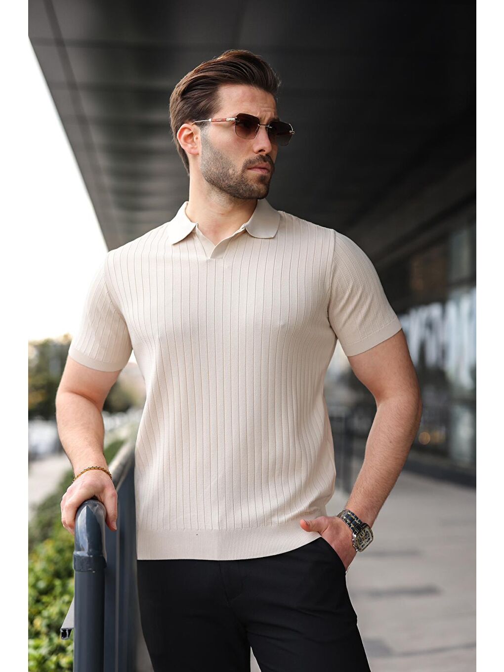 Bej Taş Rengi Polo Yaka Triko Erkek Tişört E7461-1