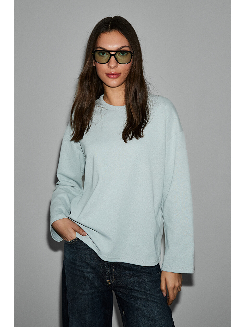 Neat Kadın Organik Pamuklu Bisiklet Yaka Oversize Fit Uzun Kollu Gri T-shirt-2