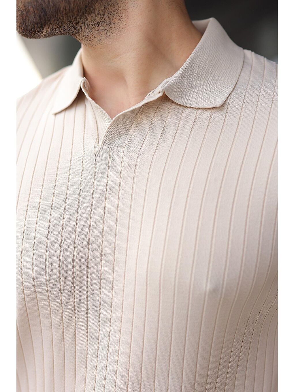 Bej Taş Rengi Polo Yaka Triko Erkek Tişört E7461-2