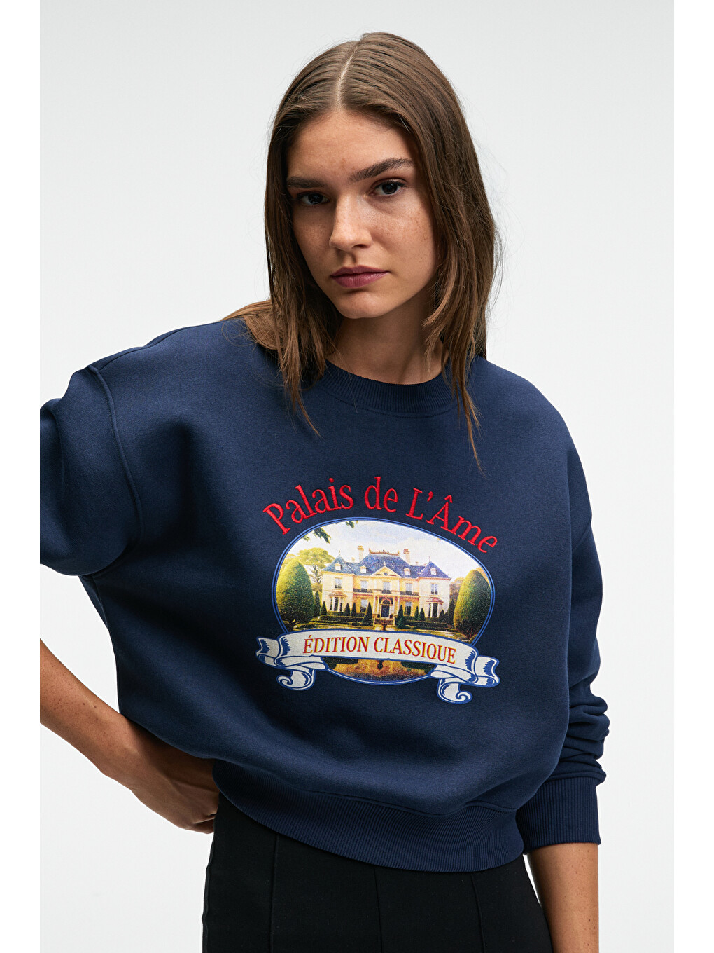 Talmera Kadın Önü Baskılı Yuvarlak Yaka Lacivert Sweatshirt-3