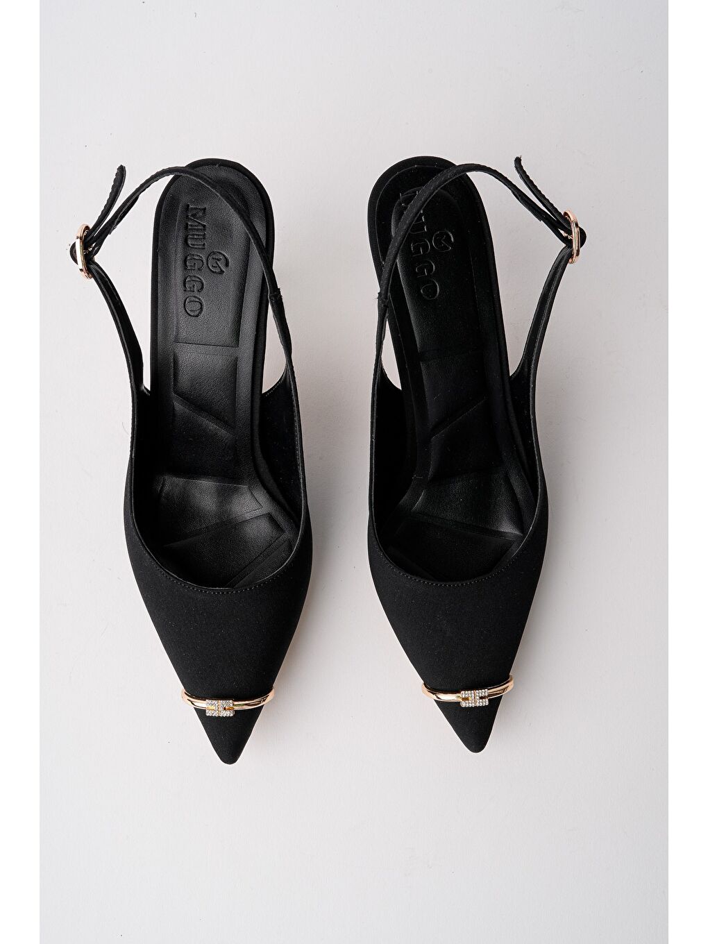 Siyah OURELİA Gold Yüzük Detaylı Sivri Burun Arkası Açık Kadın Topuklu Ayakkabı-1