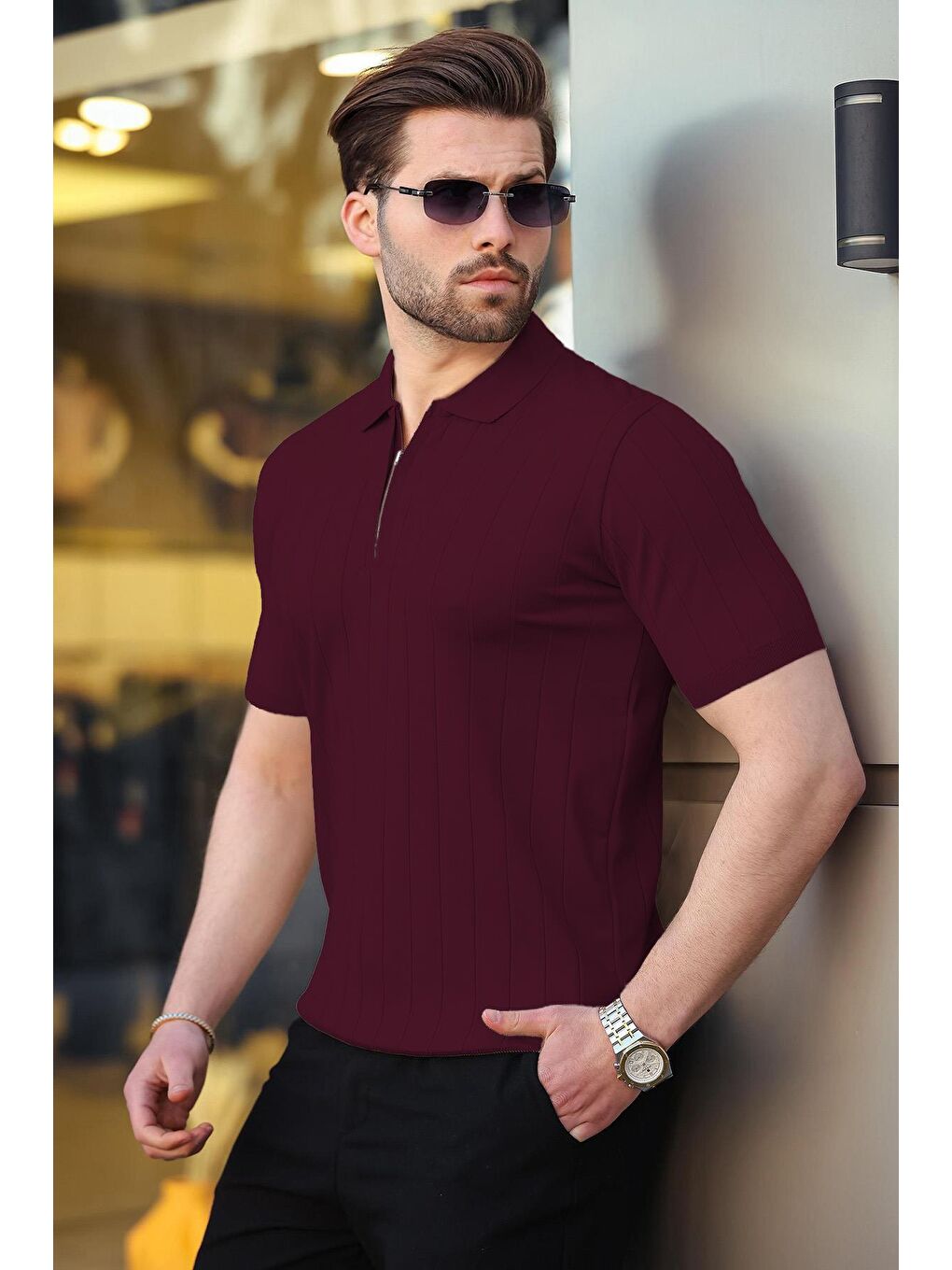Mürdüm Polo Yaka Fermuarlı Erkek T-Shirt E7298