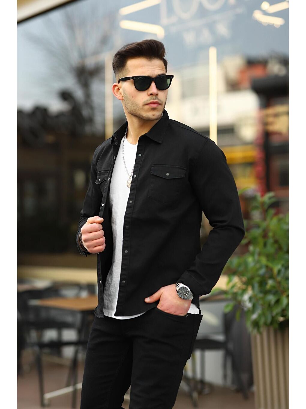 Siyah Erkek Slım ( Rahat Kalıp ) Jean Gömlek-1