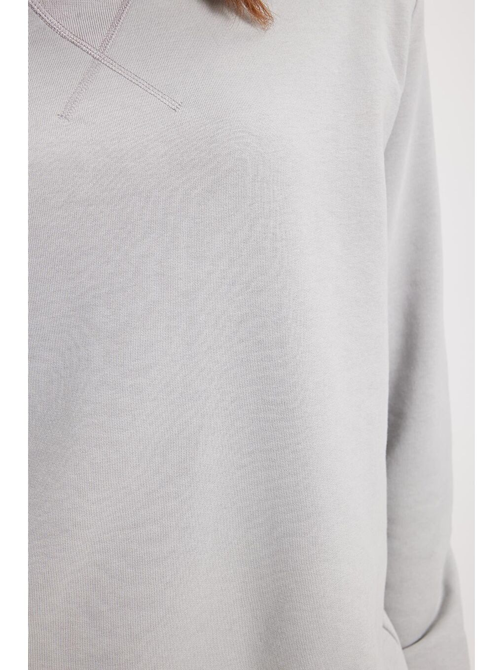 Bej Kadın Oversize Geniş Kesim %100 Pamuk 3 İplik Basic Taş Bisiklet Yaka Sweatshirt-3