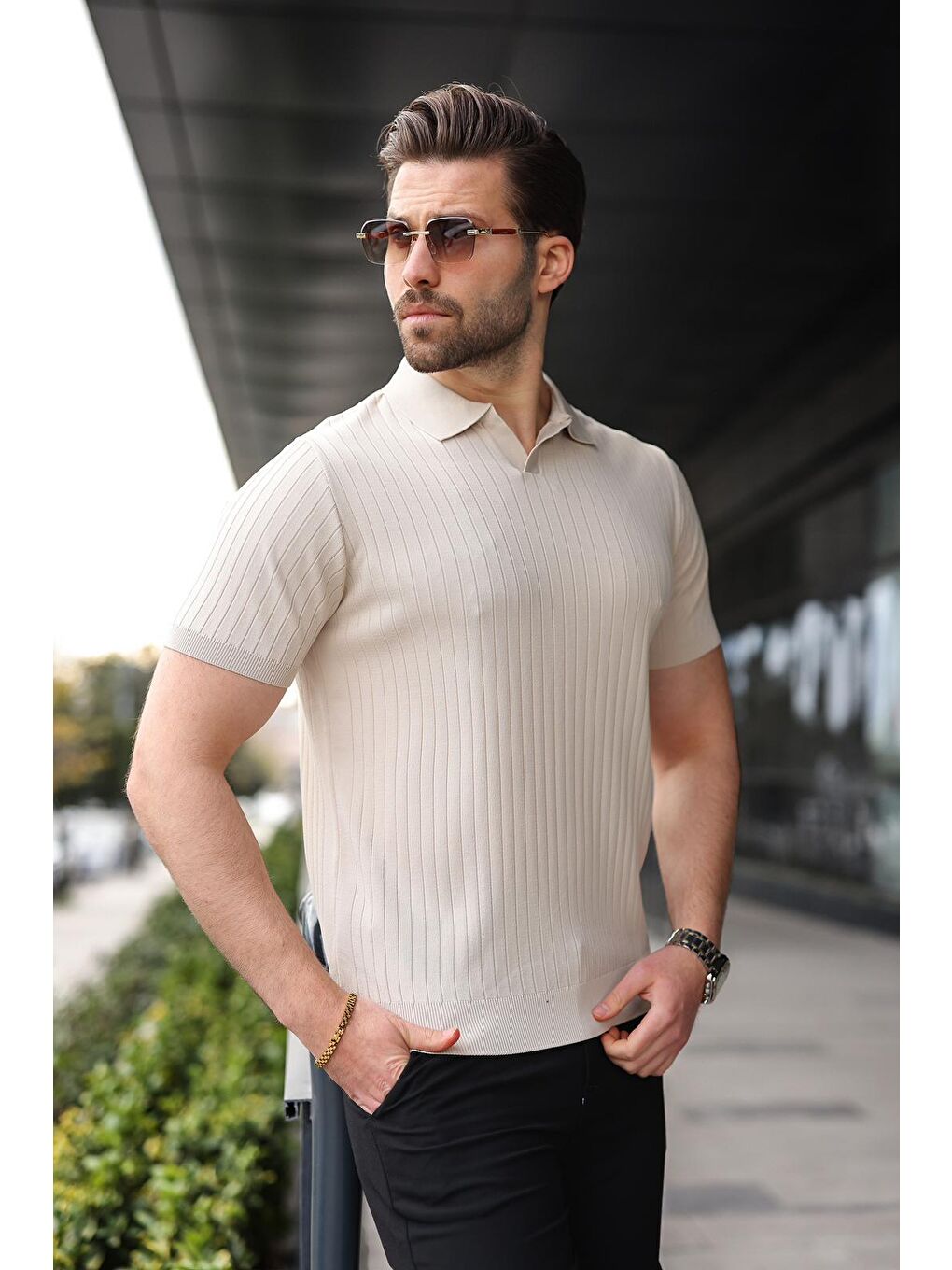 Bej Taş Rengi Polo Yaka Triko Erkek Tişört E7461-3