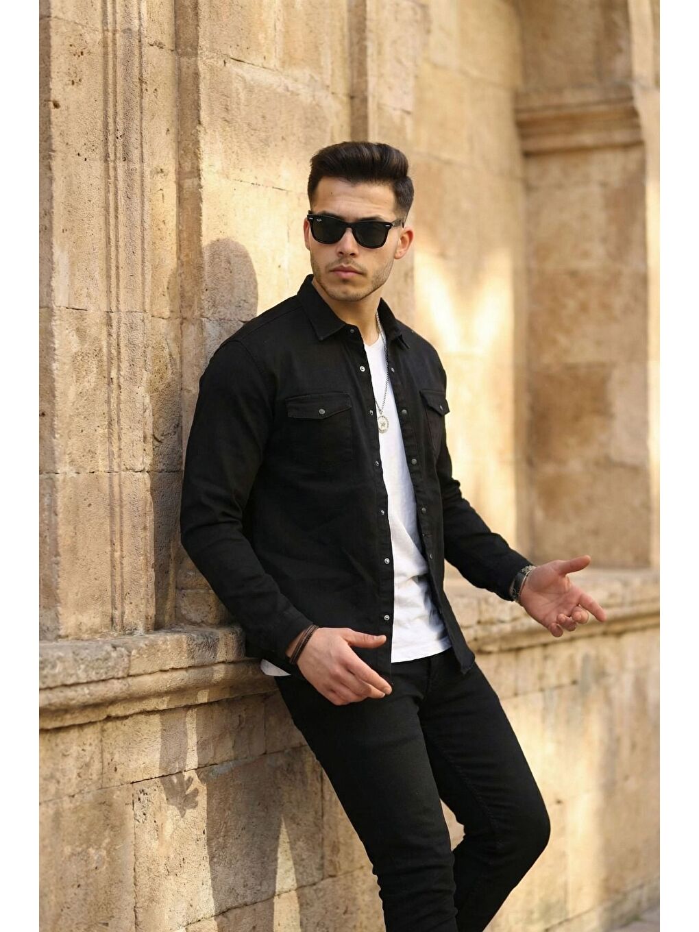 Siyah Erkek Slım ( Rahat Kalıp ) Jean Gömlek-2