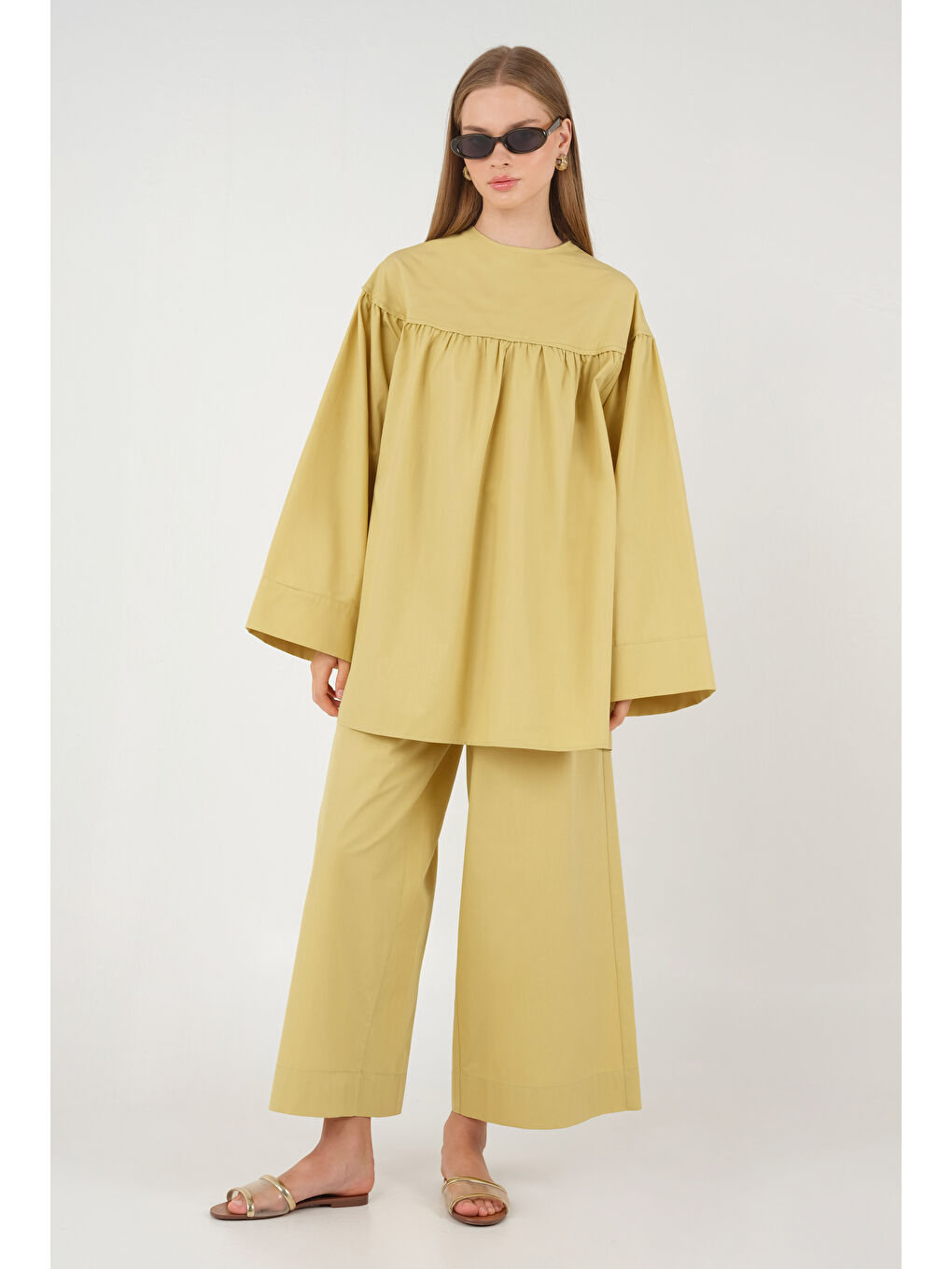 Sarı Poplin Bol Paça Pantolon Soft Limon