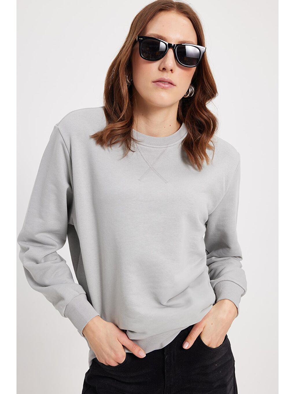 Bej Kadın Oversize Geniş Kesim %100 Pamuk 3 İplik Basic Taş Bisiklet Yaka Sweatshirt-5