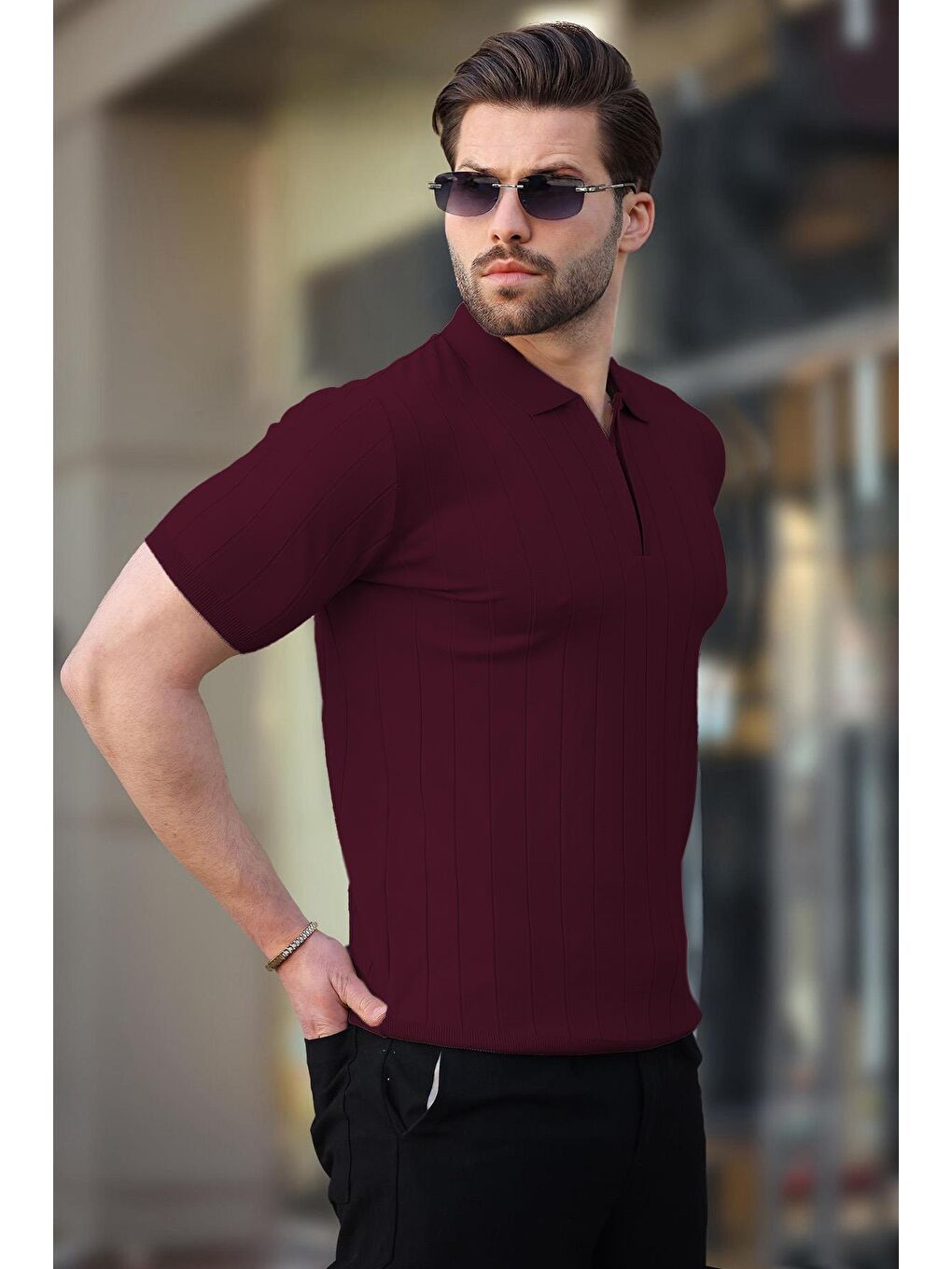 Mürdüm Polo Yaka Fermuarlı Erkek T-Shirt E7298-2