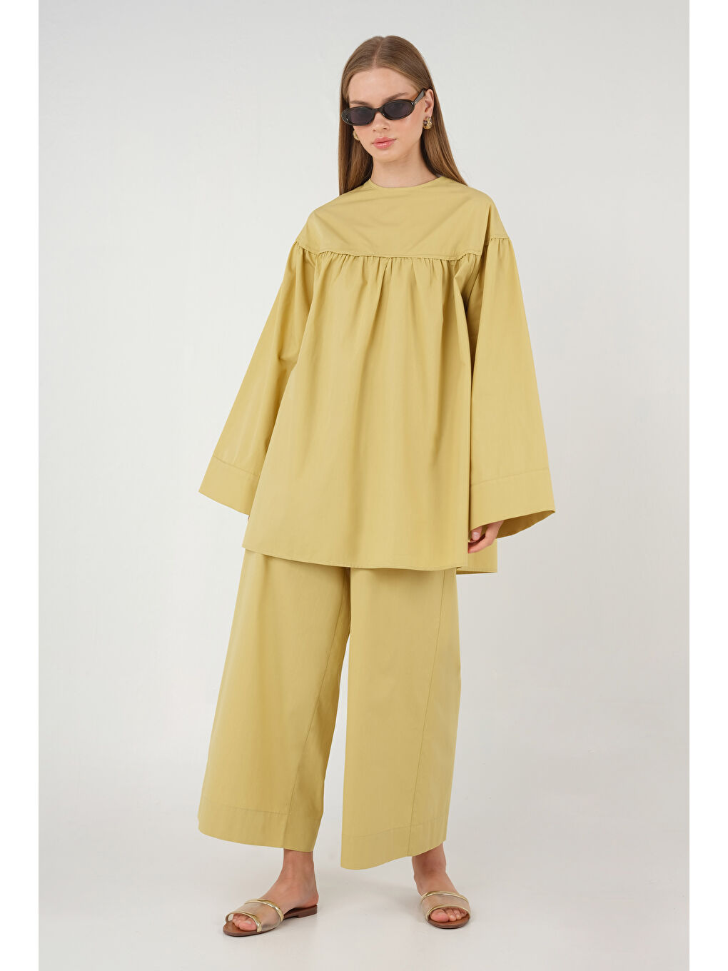 Sarı Poplin Bol Paça Pantolon Soft Limon-1