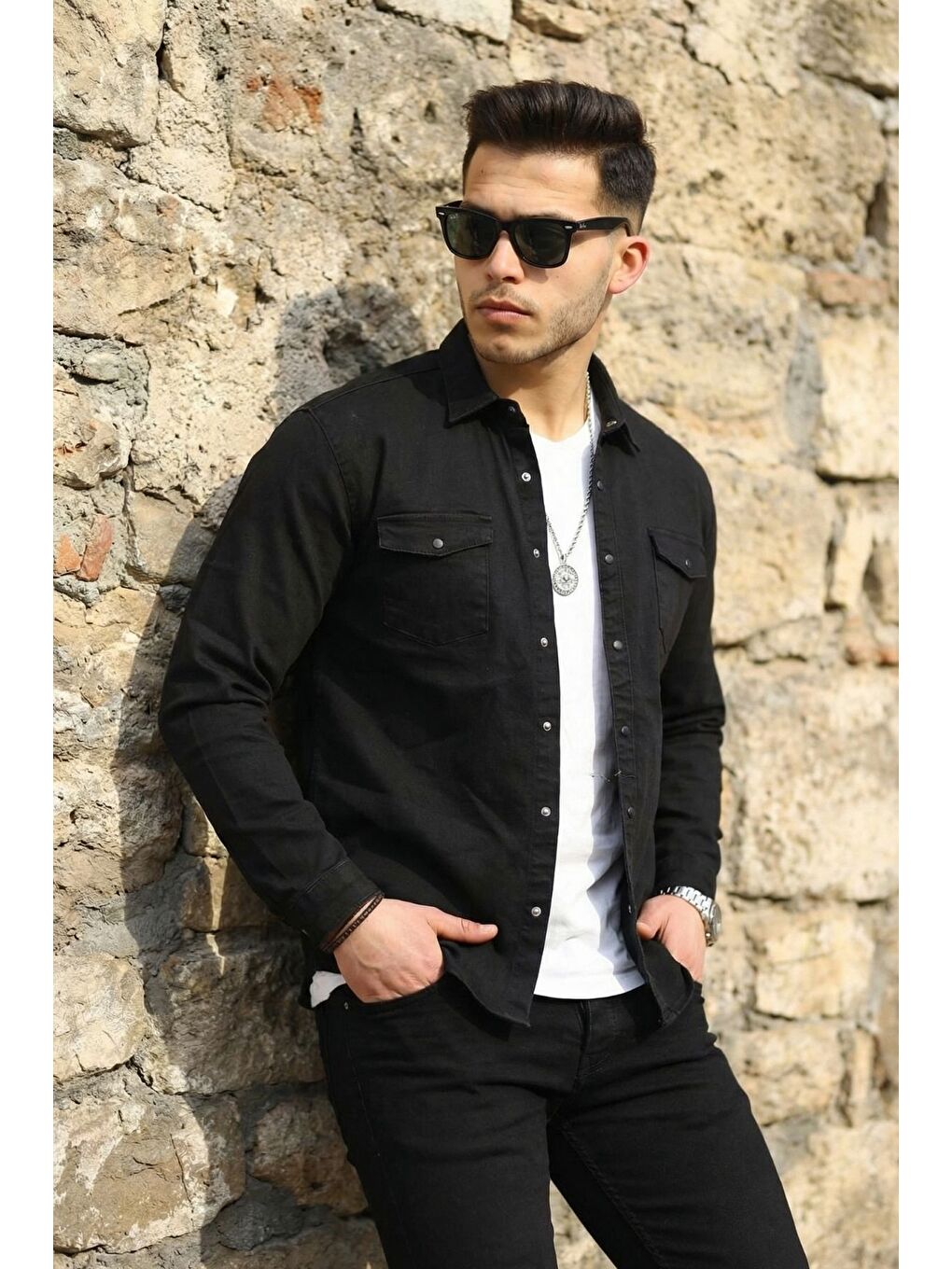Siyah Erkek Slım ( Rahat Kalıp ) Jean Gömlek-3