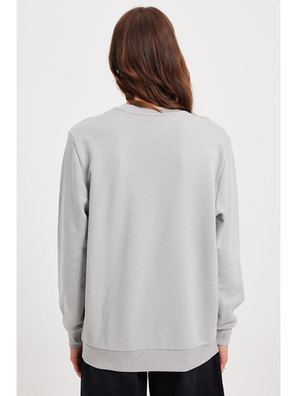 Bej Kadın Oversize Geniş Kesim %100 Pamuk 3 İplik Basic Taş Bisiklet Yaka Sweatshirt-6