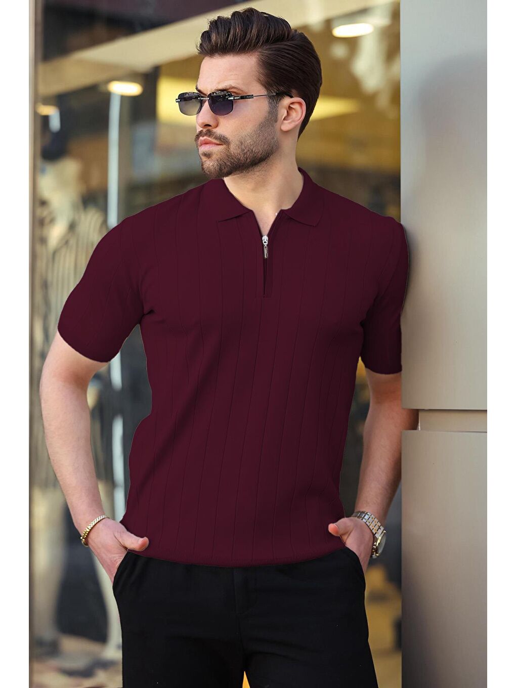 Mürdüm Polo Yaka Fermuarlı Erkek T-Shirt E7298-3