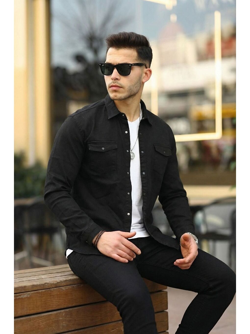 Siyah Erkek Slım ( Rahat Kalıp ) Jean Gömlek-4