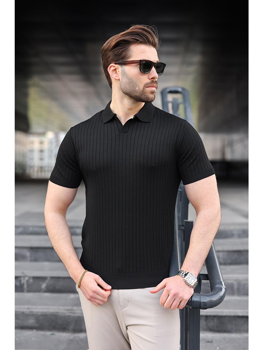 Siyah Polo Yaka Triko Erkek Tişört E7461