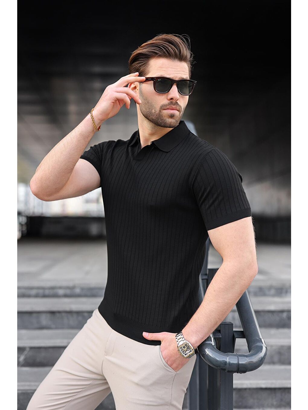 Siyah Polo Yaka Triko Erkek Tişört E7461-1