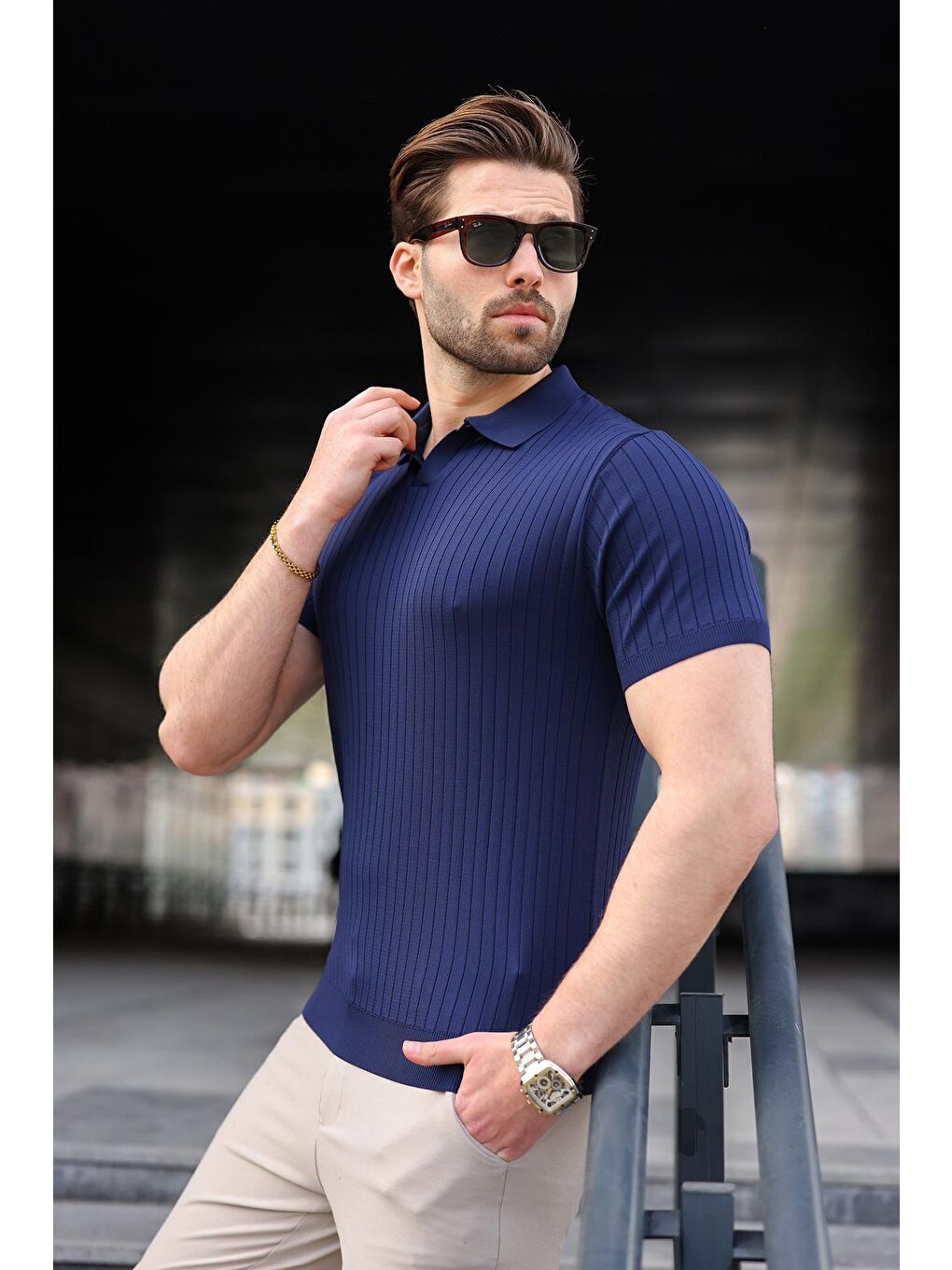 Lacivert Polo Yaka Triko Erkek Tişört E7461-1