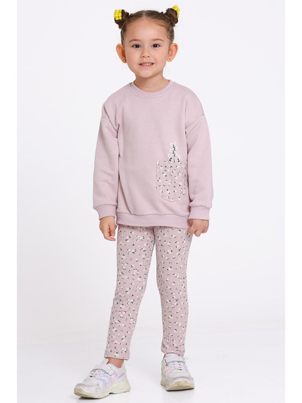 Pembe Kız Çocuk Gül Kurusu Çiçek Desenli 1-5 Yaş Takım - 23276-1