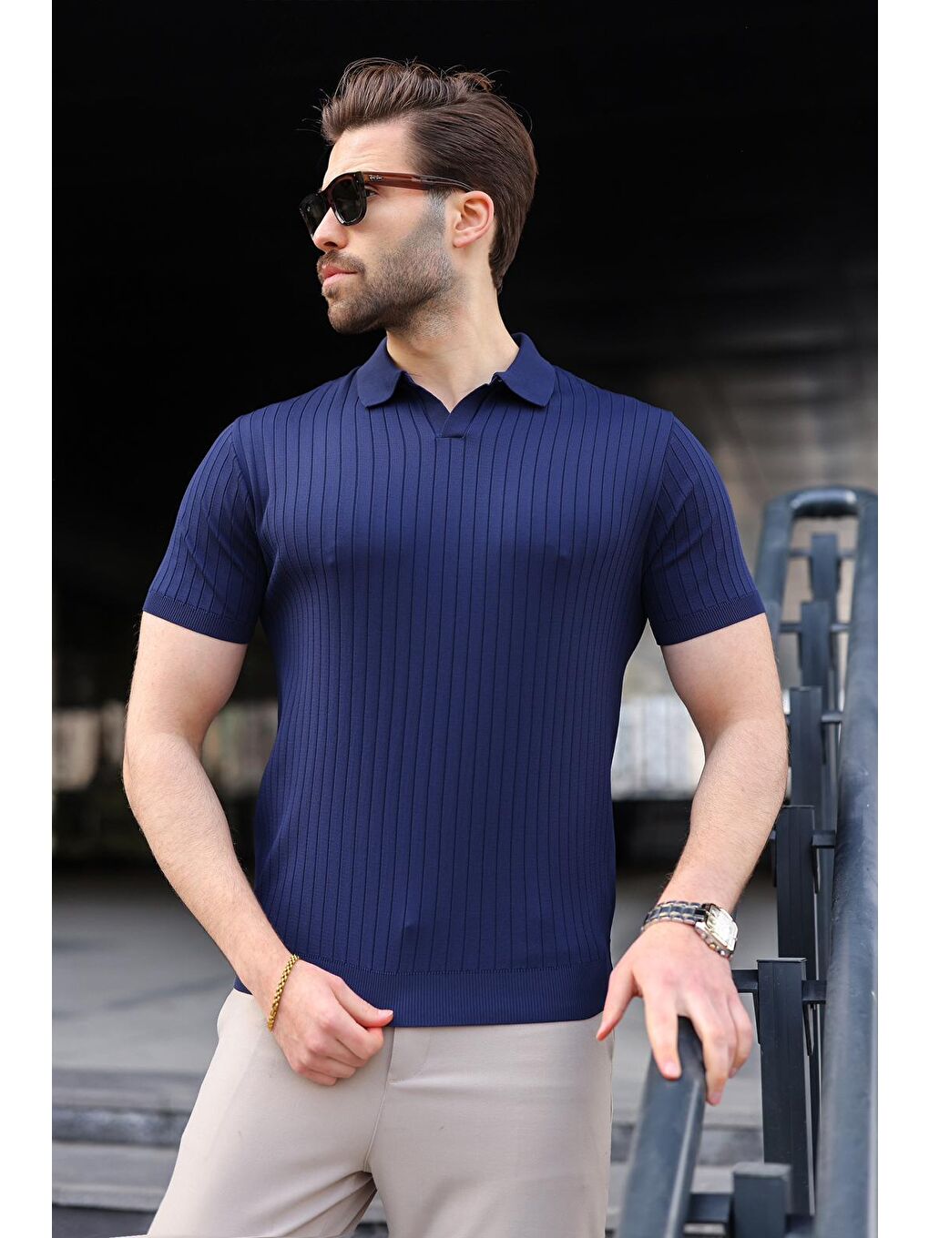 Lacivert Polo Yaka Triko Erkek Tişört E7461-3