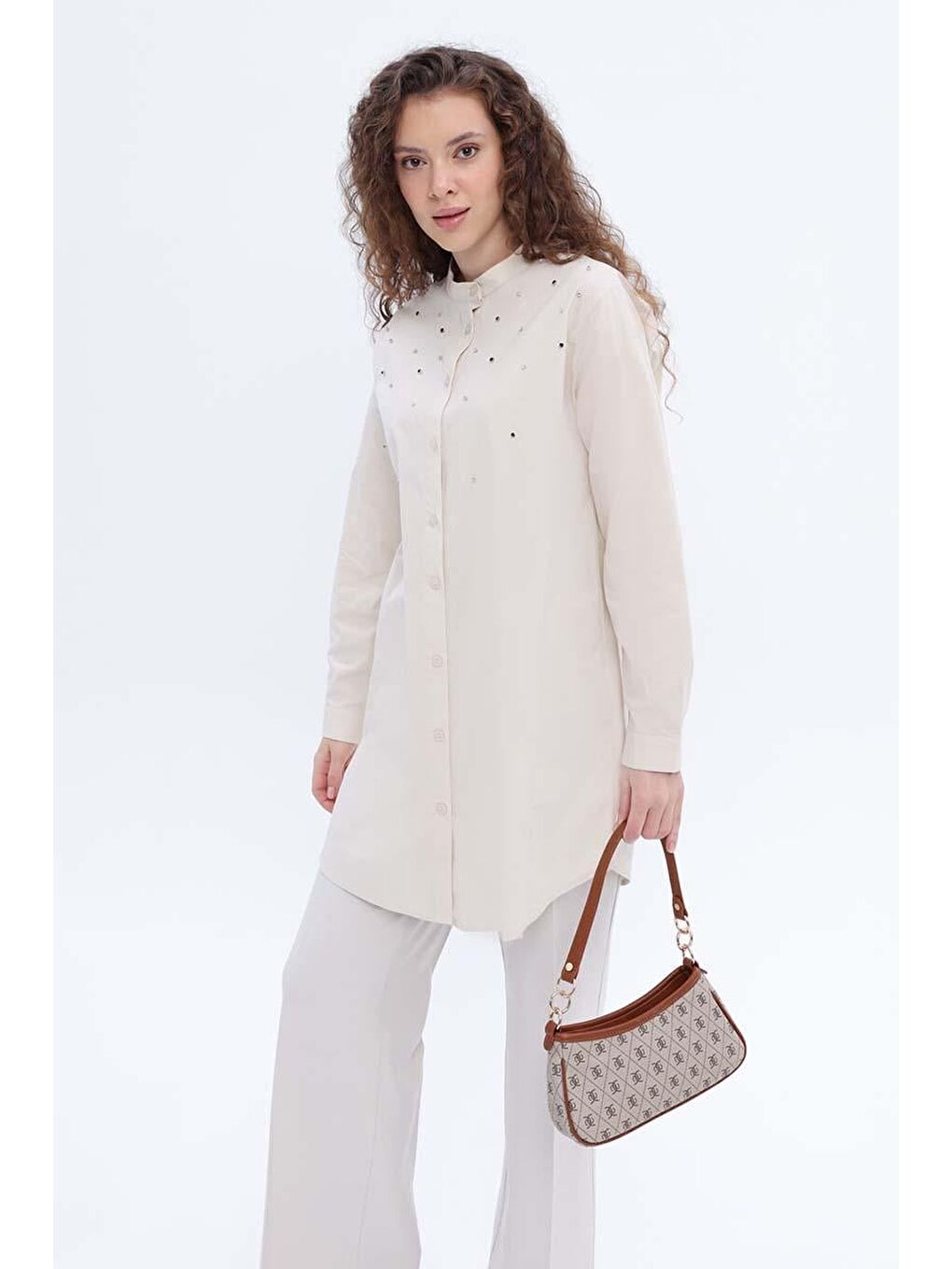 Bej Taş-Pamuklu Taş Detaylı Gömlek Tunik