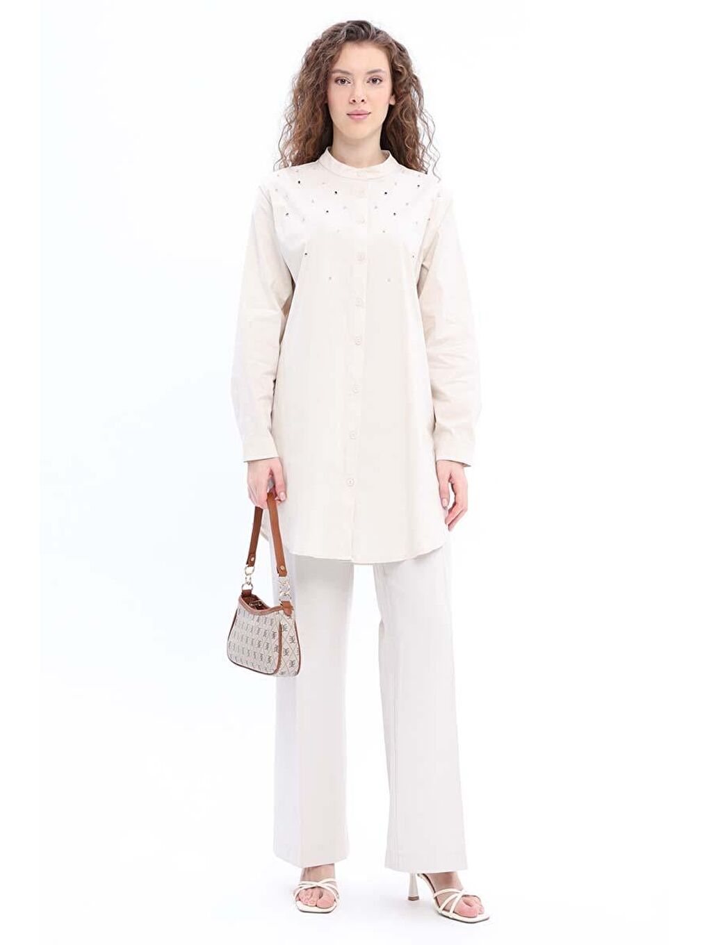 Bej Taş-Pamuklu Taş Detaylı Gömlek Tunik-1