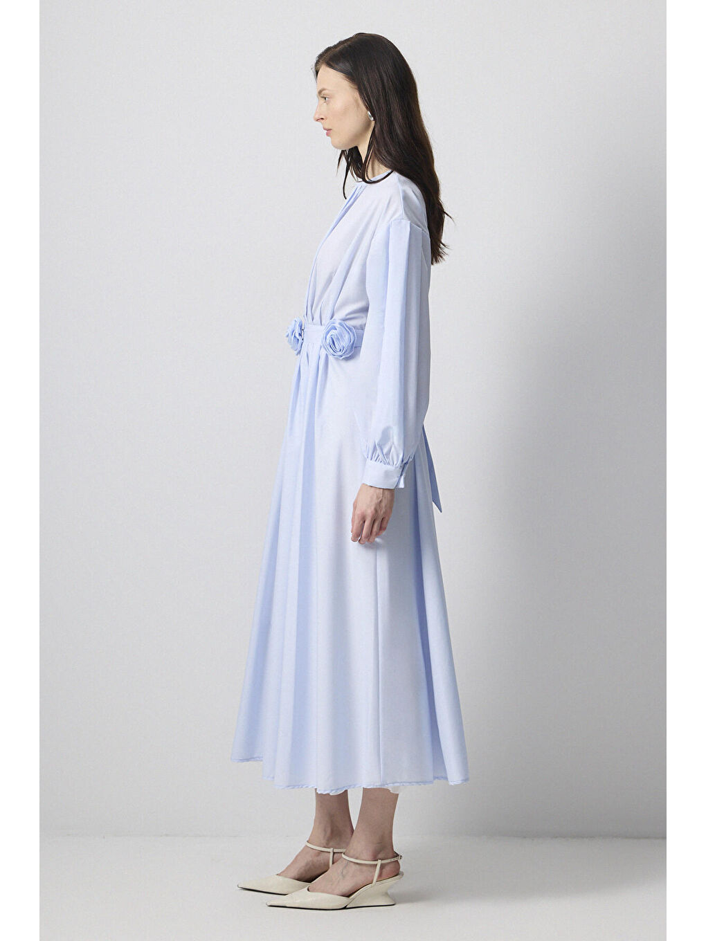 Mavi Çiçek Detaylı Pileli Poplin Elbise-1