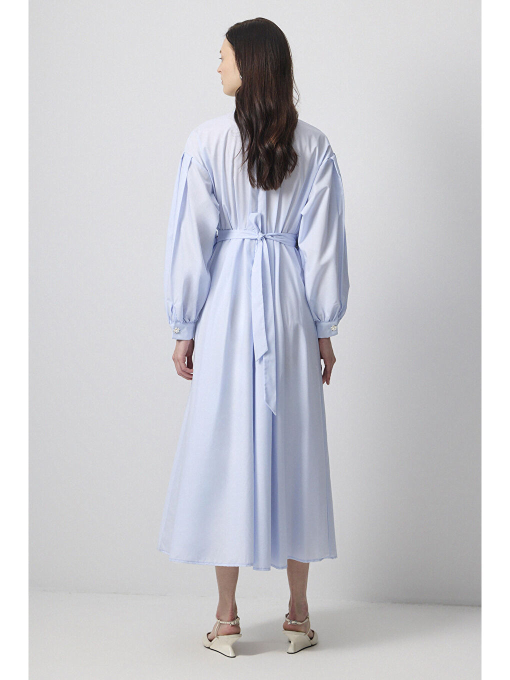 Mavi Çiçek Detaylı Pileli Poplin Elbise-2